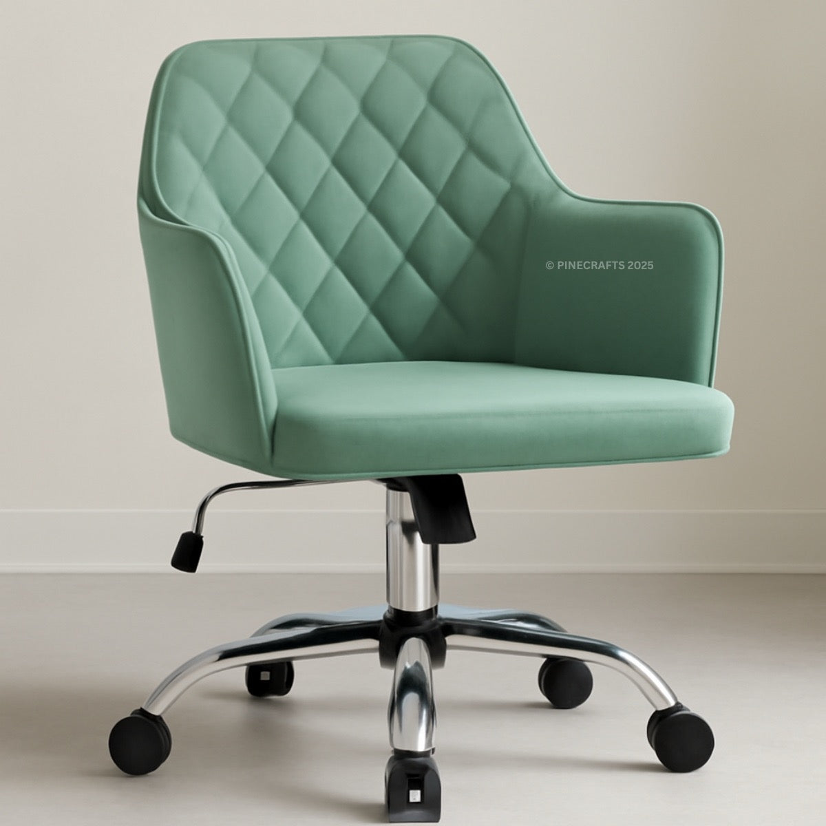 Green office chair with quilted design on a light background